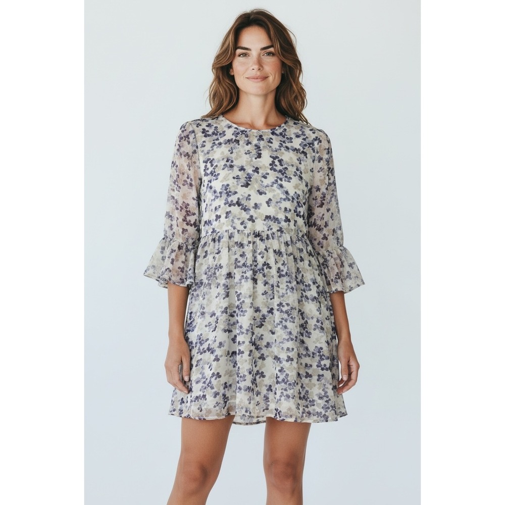 Free People Floral Babydoll Mini Dress Womens Large Purple Ruffle Cuff Boho